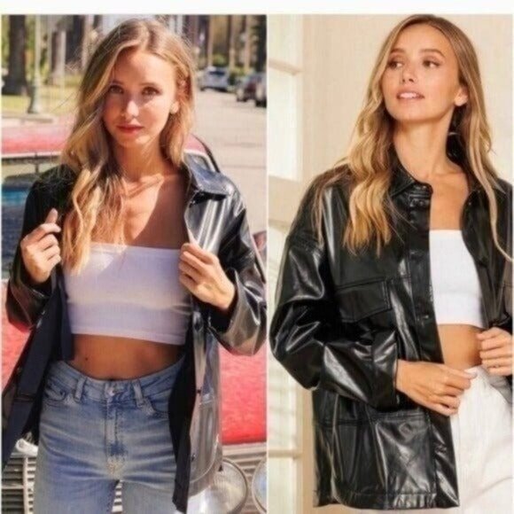 Faux Vegan PU Leather Button Down Lightweight Spring Coat/Jacket-NEW - Picture 2 of 2